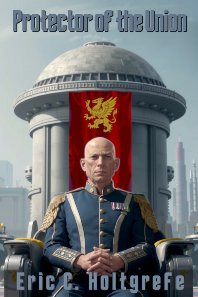 science fiction cover, a futuristic building with a large red banner bearing a golden griffin and seated underneath is a man in a military uniform.